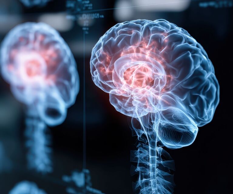 Illustration eines Gehirns mit rot hervorgehobenen Aktivitätsbereichen.