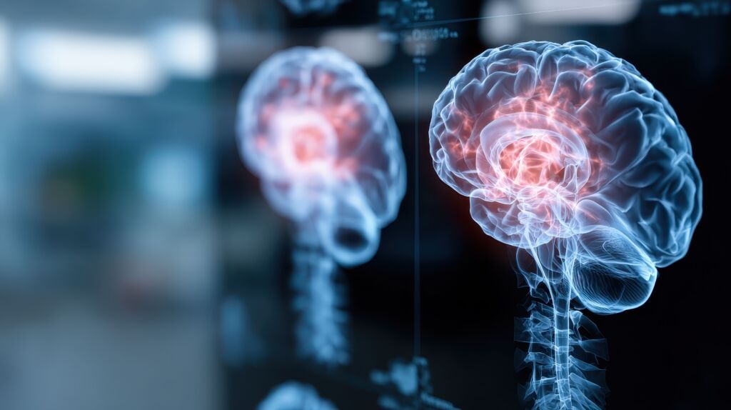 Illustration eines Gehirns mit rot hervorgehobenen Aktivitätsbereichen