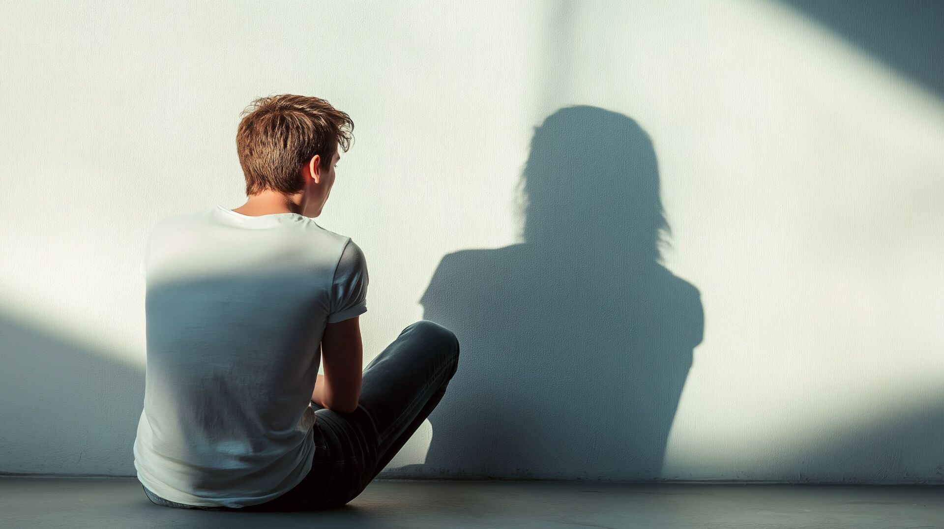 Ein Mann mit kurzen Haaren schaut auf seinen Schatten, der lange Haare hat.