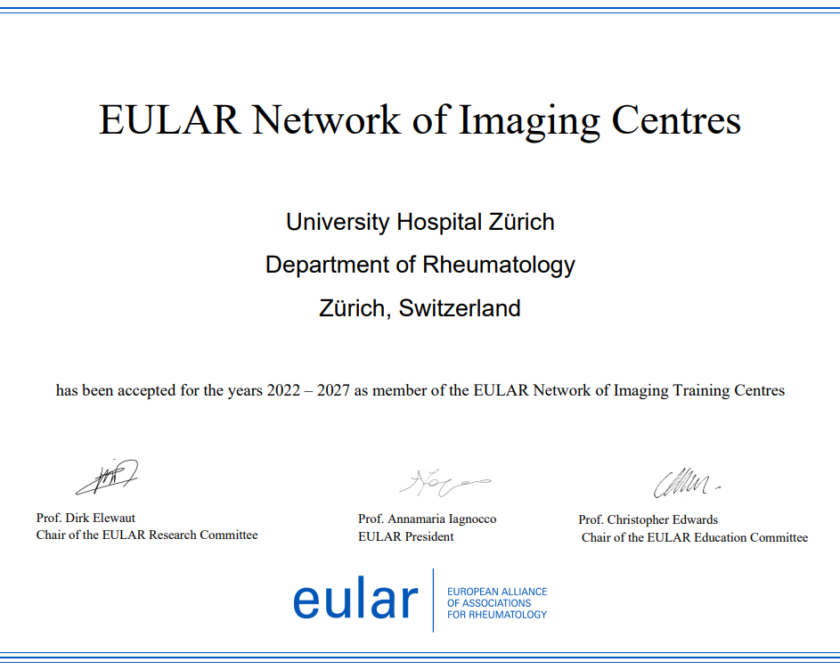 EULAR Zertifikat für Department of Rheumatology