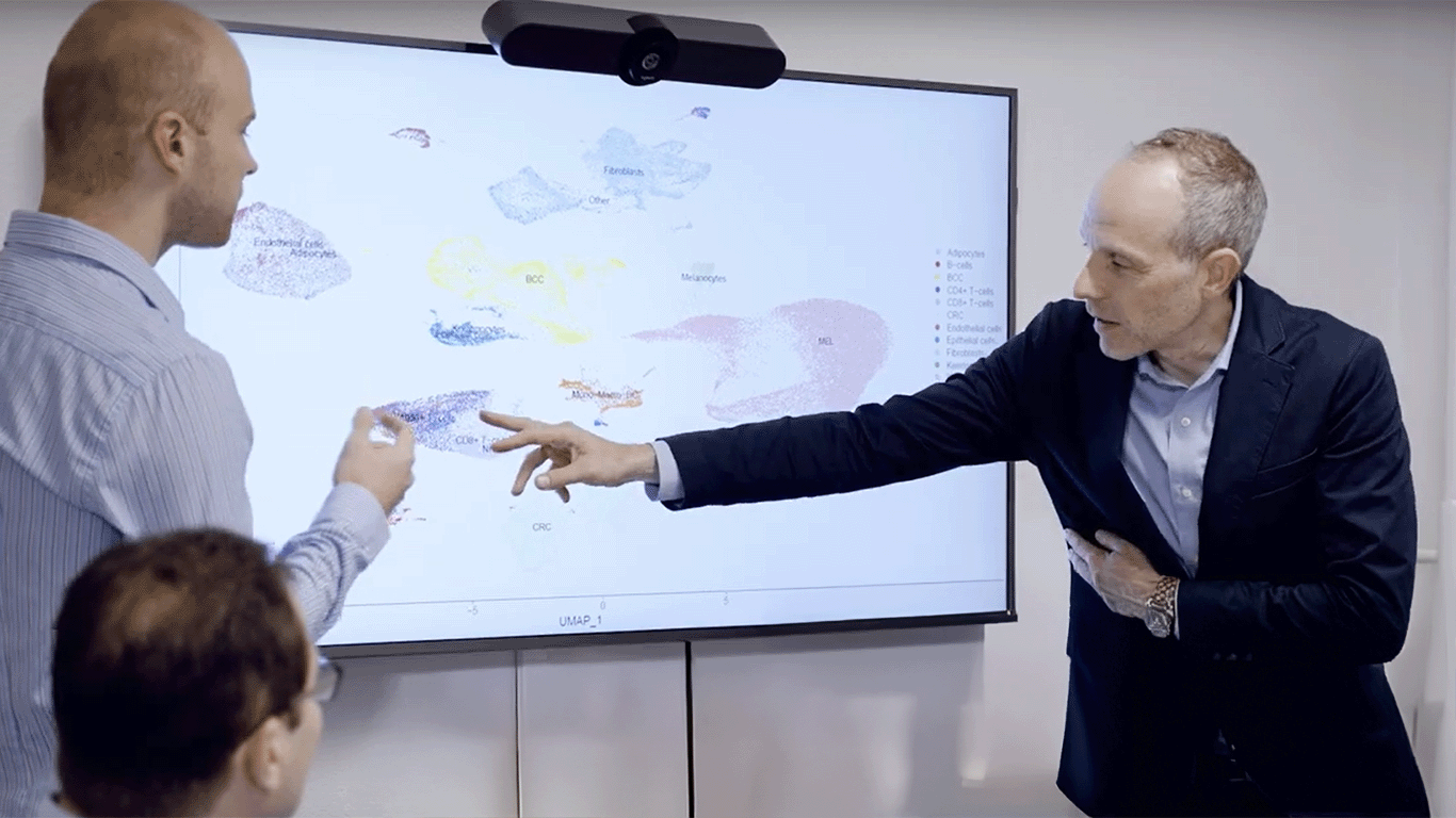 Drei Personen schauen auf den Bildschirm am Tumorboard