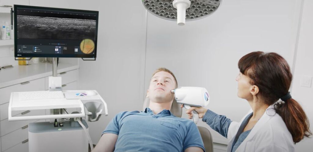 Doctor examines moles on a patient