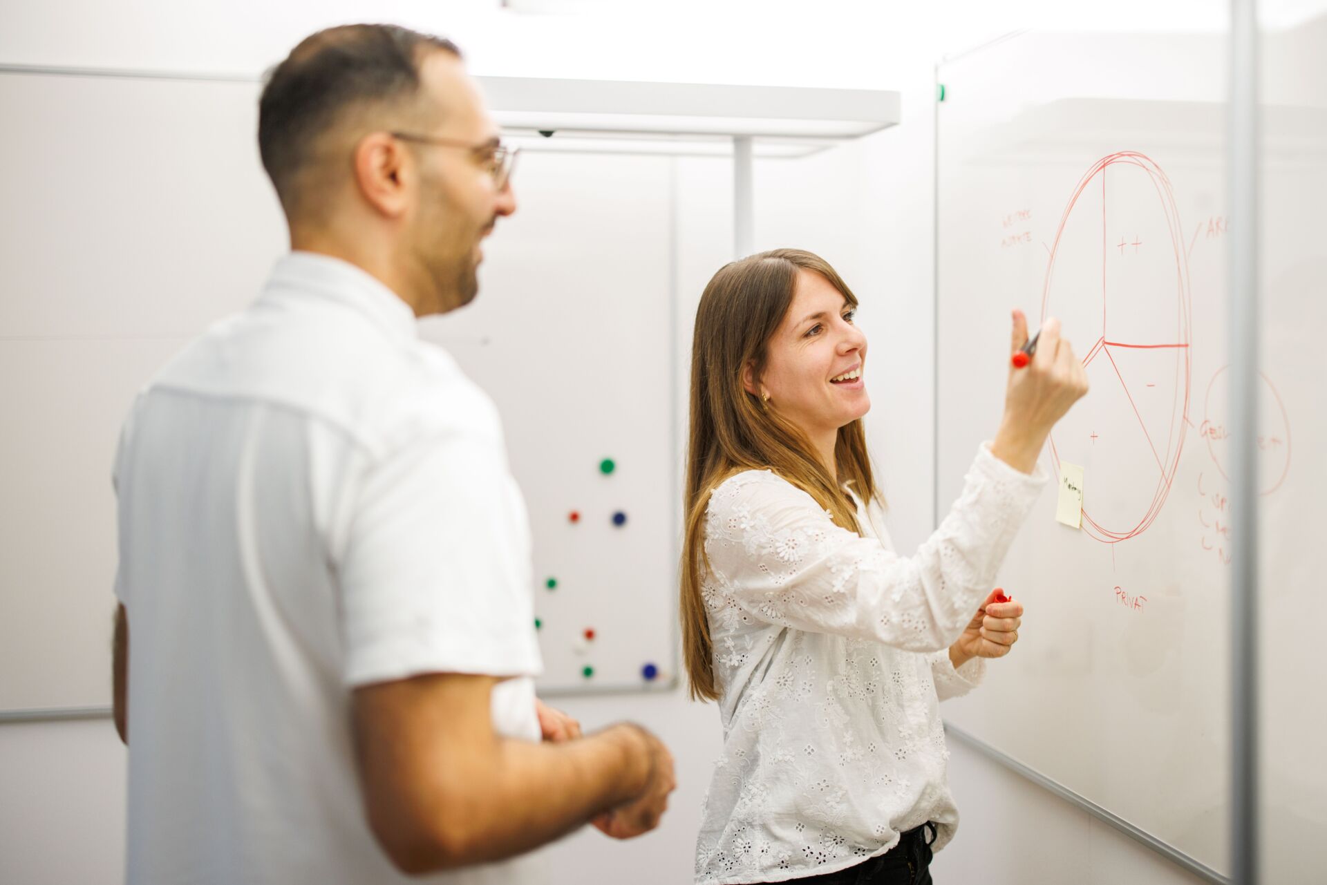 Frau schreibt an Tafel.
