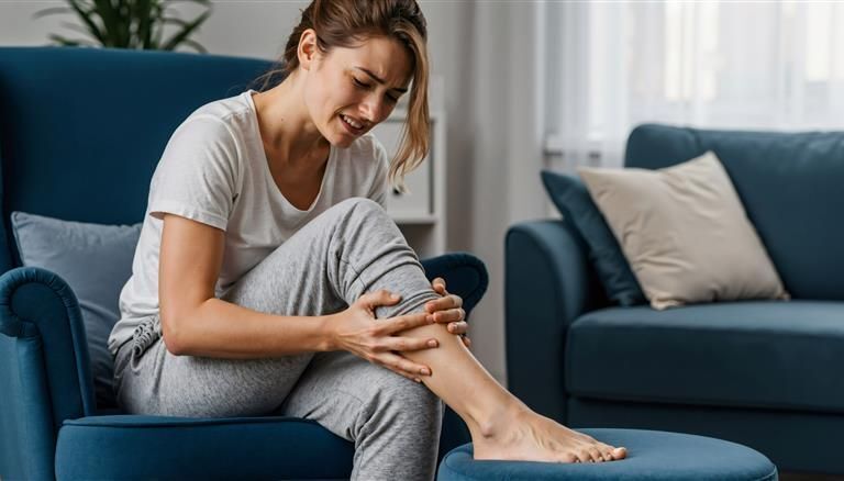 Frau hält sich schmerzhaft den Unterschenkel