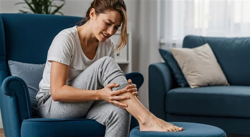 Frau hält sich schmerzhaft den Unterschenkel