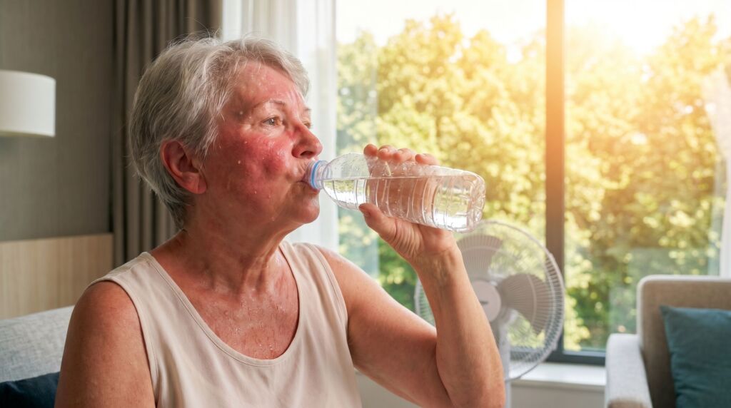 Eine Frau trinkt Wasser bei Hitze