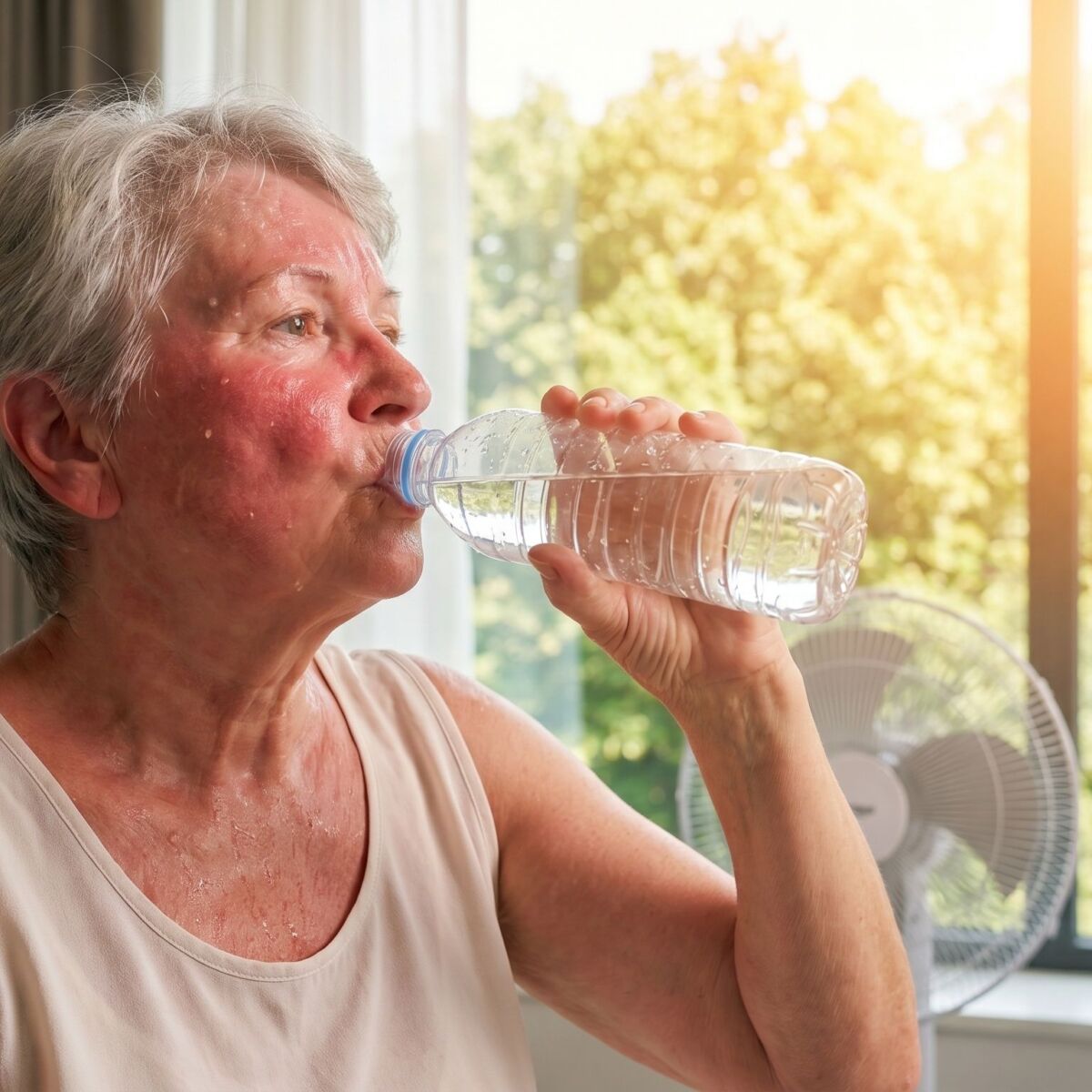 Eine Frau trinkt Wasser bei Hitze