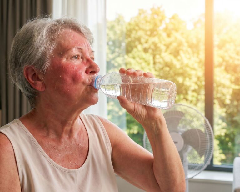 Eine Frau trinkt Wasser bei Hitze