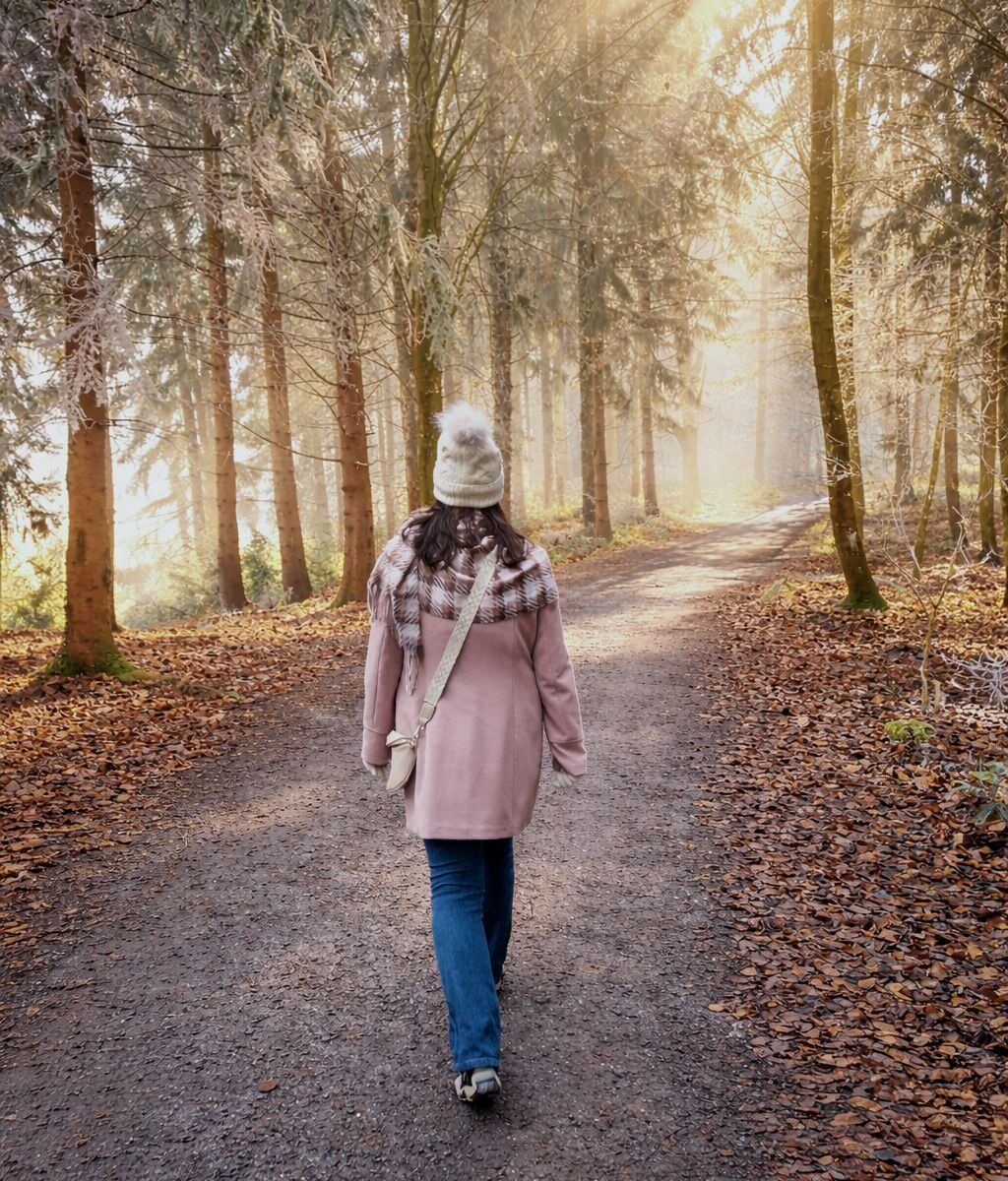 Frau von hinten läuft durch den Wald